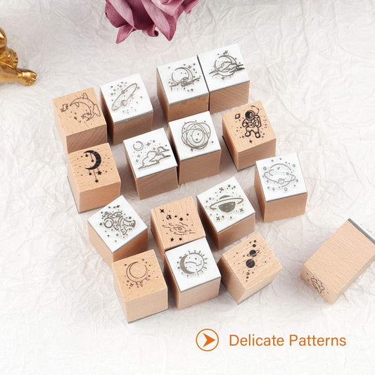 16 sellos de goma de madera vintage, juego de sellos de goma decorativos de universo y galaxia, sellos de goma montados en madera para artes y manualidades, diarios, fabricación de tarjetas KEEPLIVINGFASTER