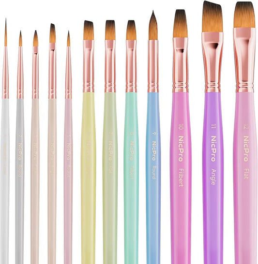 Nicpro Juego de 12 pinceles de pintura para artista, kit de pinceles de pintura pastel con pinceles planos, redondos, filbert, ángulo y detalle, pinceles de cerdas de nailon para pintura de acrílico