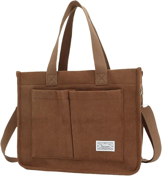 Tote Bag - con bolsillos, bolso cruzado de pana grande para laptop, trabajo, universidad, uso diario, viajes