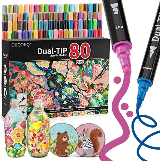 Marcadores de pintura acrílica de 80 colores, juego de marcadores acrílicos de doble punta con punta fina y punta de punto para pintura roca, piedra, madera, lienzo, cerámica, vidrio, metal y caligrafía