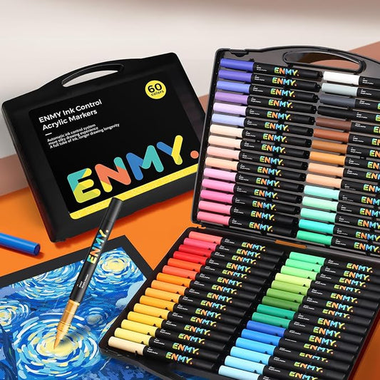RESERVA - ENMY Marcadores de pintura acrílica de 60 colores, marcador de pintura acrílica líquida directa, marcadores de tela para textil, lienzo, roca, vidrio, madera, papel, DIY, bolígrafos de color acrílico