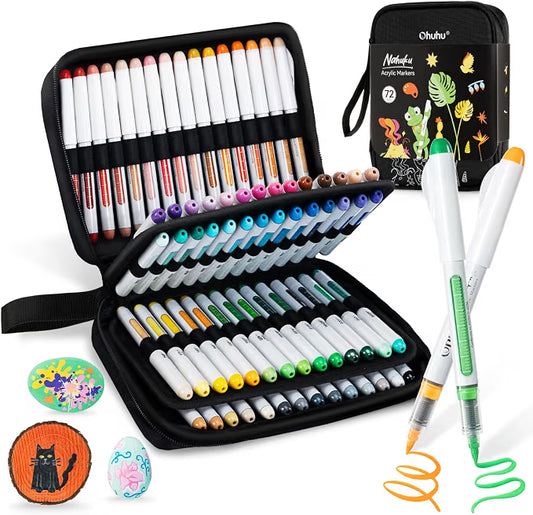 Ohuhu Marcadores de pintura acrílica. Punta de pincel: 72 colores con control automático de tinta, marcadores acrílicos de alta opacidad, resistentes al agua, resistentes a la luz