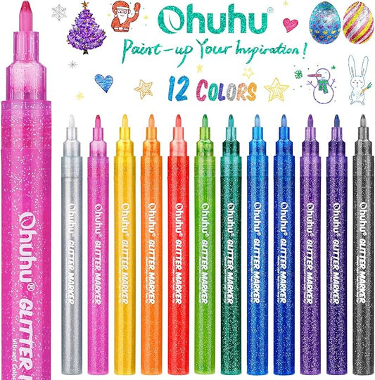RESERVA - Ohuhu Rotuladores de Purpurina: 12 Colores de Purpurina Metálico Brillante Marcador de Punta Fina Tinta a Base de Agua para Niños y Adultos Manualidades DIY Tarjetas de Felicitación y Cumpleaños