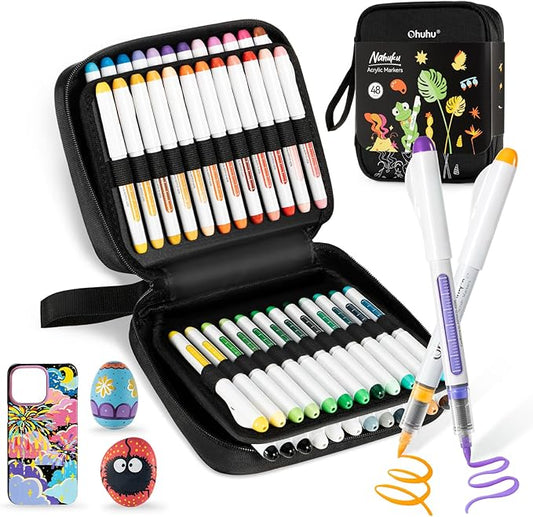 Ohuhu Plumones de pintura acrílica con punta de pincel: Juego de 48 marcadores automáticos de control de tinta con alta opacidad, impermeables y resistentes a la luz para pintar sobre rocas