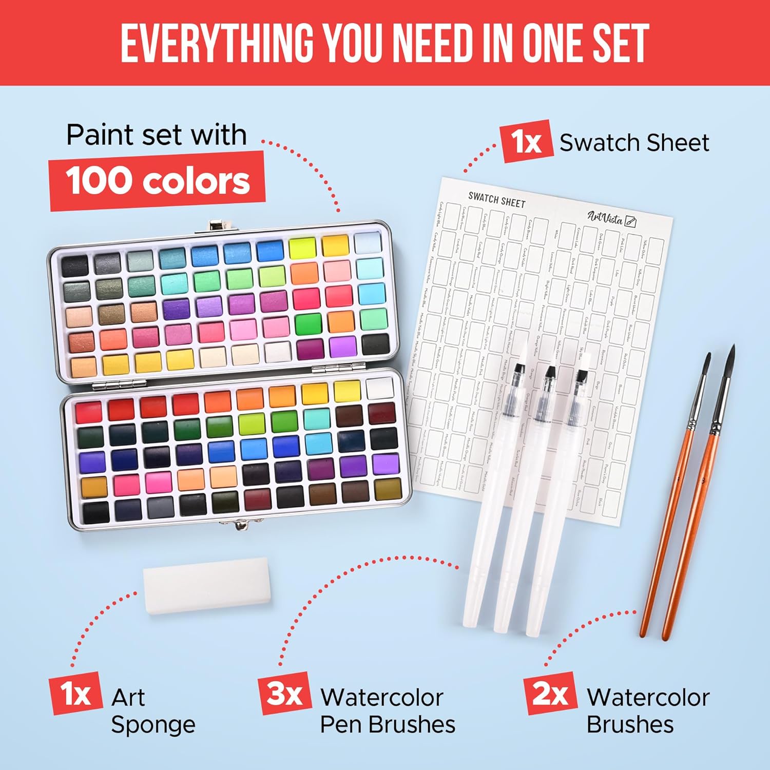 Juego de pintura de acuarela con 100 colores brillantes: para adultos principiantes y profesionales con metálico, paleta de arte de acuarela de tamaño de viaje KEEPLIVINGFASTER