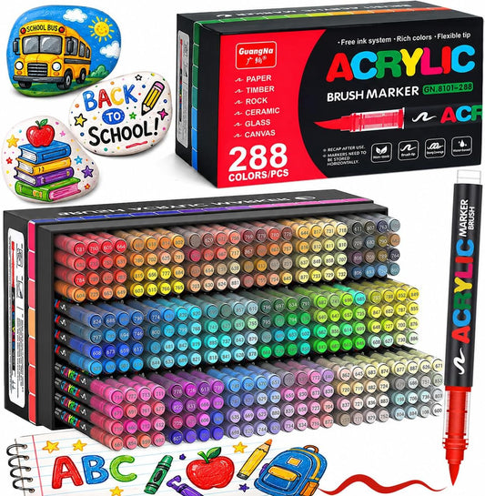 RESERVA - Juego de marcadores de pintura acrílica de punta de pincel suave de 288 colores, bolígrafos para rocas, madera, tela, lienzo, vidrio, manualidades, marcadores impermeables, bolígrafos de pintura