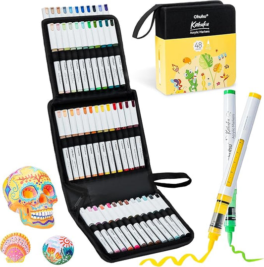 Ohuhu Marcadores de pintura acrílica. Punta de pincel: 48 colores con control automático de tinta. Marcadores acrílicos de alta opacidad. Rotuladores de pintura resistentes al agua y a la luz para