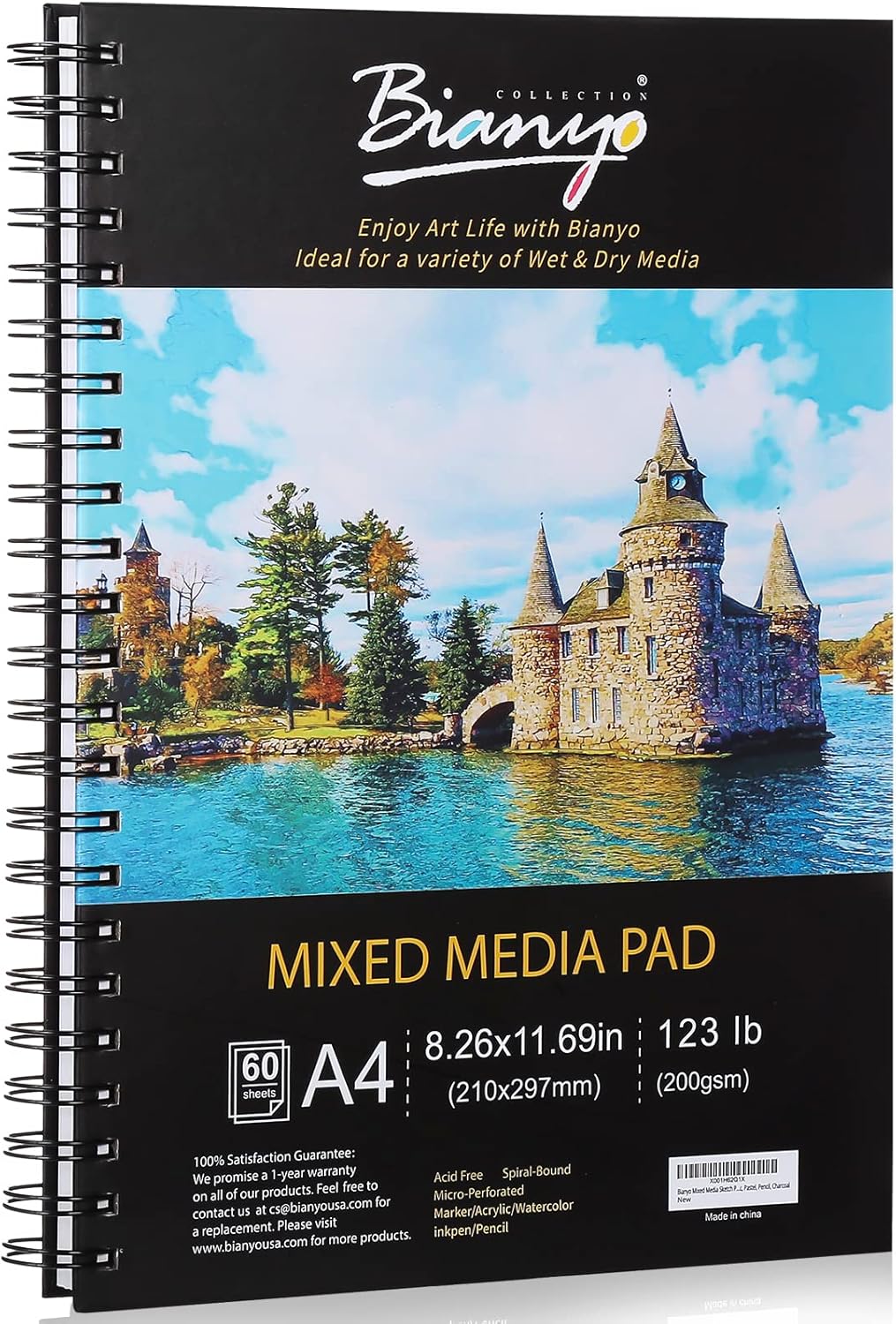 Bloc de papel de medios mixtos, A4 (8.26 x 11.69 pulgadas), 60 hojas/cada una, 123 libras/200 GSM, paquete de 1 bloc, almohadilla encuadernada en espiral, ideal para medios húmedos y secos como