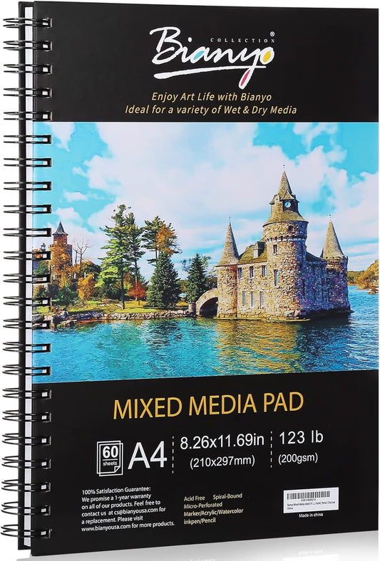 Bloc de papel de medios mixtos, A4 (8.26 x 11.69 pulgadas), 60 hojas/cada una, 123 libras/200 GSM, paquete de 1 bloc, almohadilla encuadernada en espiral, ideal para medios húmedos y secos como