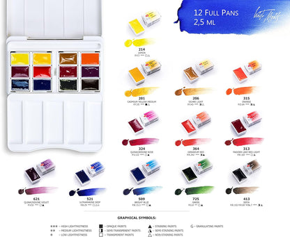 White Nights Nevskaya Palitra - Juego BOTANICA de 12 bandejas completas de acuarela profesional con pigmentos extrafinos de grado artístico, colores vibrantes y resistentes a la luz, caja de plástico portátil