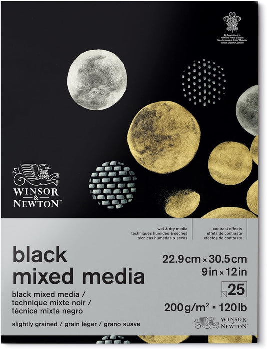 Winsor & Newton Bloc de medios mixtos profesional, 9" x 12", 25 hojas, 200gsm, negro