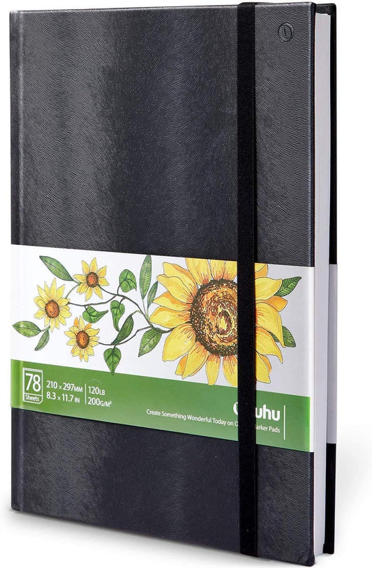 Ohuhu Cuaderno de bocetos de papel marcador: 8.3 x 11.7 pulgadas, papel de dibujo de arte grande, 78 hojas/156 páginas, 120 libras/200 GSM, libros de bocetos de tapa dura para marcadores de alcohol