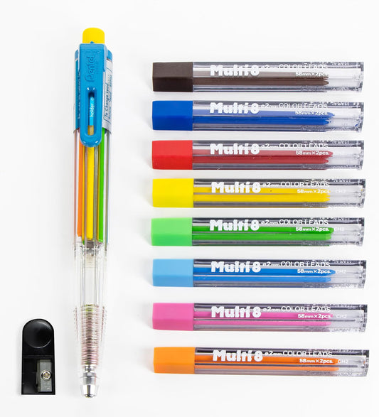 RESERVA - Pentel Juego de cajas de lápices automáticas de 8 colores, colores surtidos de clips de acento, recambios de plomo de 8 colores y sacapuntas