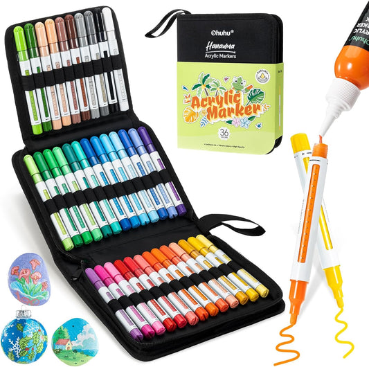 Ohuhu Marcadores de pintura acrílica recargables de 36 colores, marcadores acrílicos de alta opacidad, resistentes al agua, resistentes a la luz, para pintura de rocas