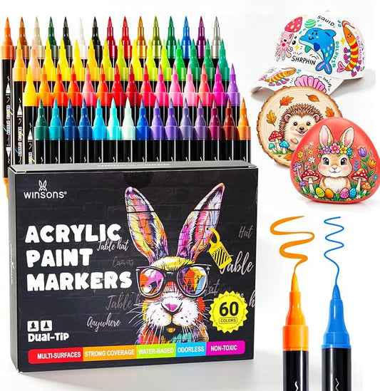 RESERVA - Marcadores acrílicos, 60 bolígrafos de pintura de doble punta para pintura en roca, libros para colorear, tazas, zapatos de lona, metal, álbumes de recortes, secado rápido, pincel y fino, marcadores de dibujo