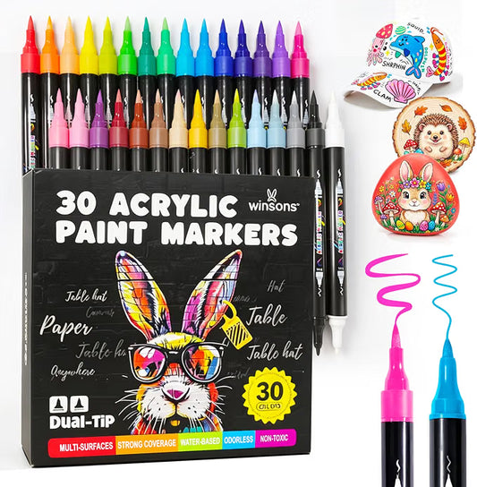 Marcadores acrílicos, 30 bolígrafos de pintura de doble punta para pintura en roca, libros para colorear, tazas, zapatos de lona, metal, álbumes de recortes, secado rápido, pincel y fino