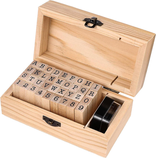 36 sellos de goma de madera, mini sellos de letras del alfabeto para tarjetas de manualidades y álbumes de fotos, juego de sellos de tinta para manualidades con caja de madera, color negro KEEPLIVINGFASTER