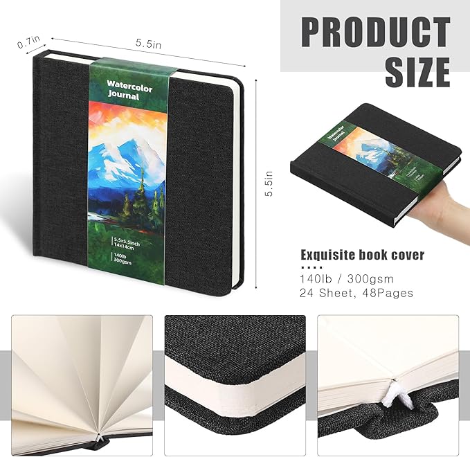 Cuaderno de bocetos de acuarela de 5.5 x 5.5 pulgadas, cuaderno cuadrado de acuarela, prensa en frío, 140 libras, papel de algodón de 10.58 oz/m², 48 páginas, cuadernos, blocs de papel