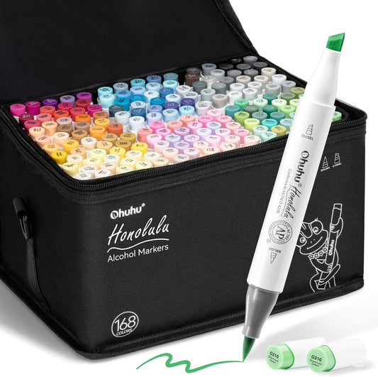 Ohuhu Marcadores de pincel de alcohol, juego de marcadores artísticos de 168 colores, marcadores a base de alcohol de doble punta para colorear artistas adultos, pincel y cincel, viene con 1 blender de marcador de alcohol, serie Honolulu