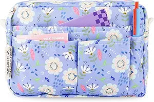 Organizador multifuncional de cartera, bolsa de viaje impermeable con cremallera, estuche de almacenamiento de suministros de diario para cuadernos, maquillaje, suministros de oficina. Flores moradas