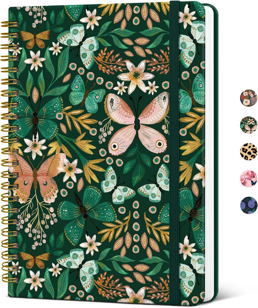 Cuaderno rayado en espiral para mujer, lindo cuaderno A5 de tapa dura con rayas universitarias para trabajo y toma de notas, diario estético bonito para escribir, 140 páginas, mariposa