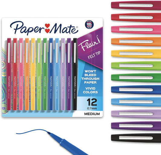 Paper Mate Flair - Bolígrafos de punta de fieltro, punta media (0.028 in), colores surtidos, 1 paquete de 12