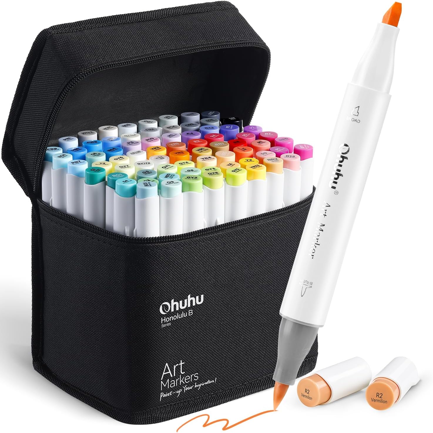 OHUHU marcadores de arte de artista, para colorear e ilustración, 72 colores únicos + 1 mezclador de marcadores de alcohol + estuche para marcador, cincel y punta de pincel. Ohuhuhu