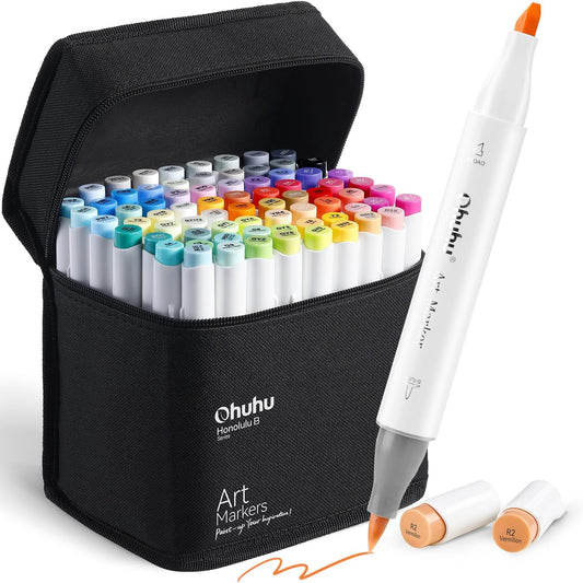 OHUHU marcadores de arte de artista, para colorear e ilustración, 72 colores únicos + 1 mezclador de marcadores de alcohol + estuche para marcador, cincel y punta de pincel. Ohuhuhu