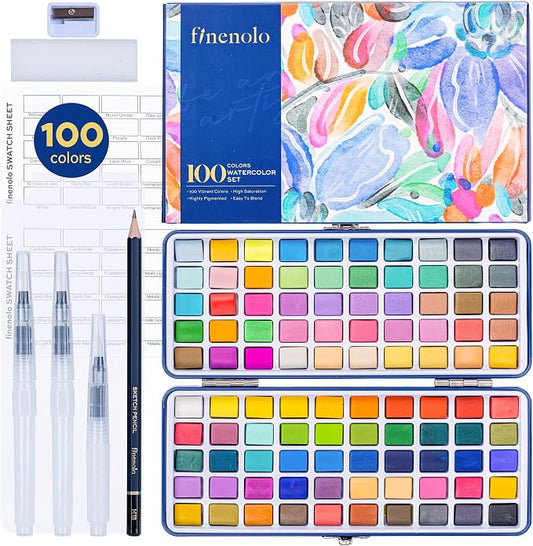 Juego de acuarelas de 100 colores con colores metálicos, macaron y fluorescentes - Pinturas de acuarela de grado profesional para artistas, principiantes e ilustradores, ideal para mezclar