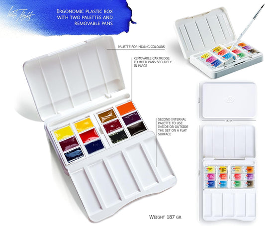 White Nights Nevskaya Palitra - Juego BOTANICA de 12 bandejas completas de acuarela profesional con pigmentos extrafinos de grado artístico, colores vibrantes y resistentes a la luz, caja de plástico portátil
