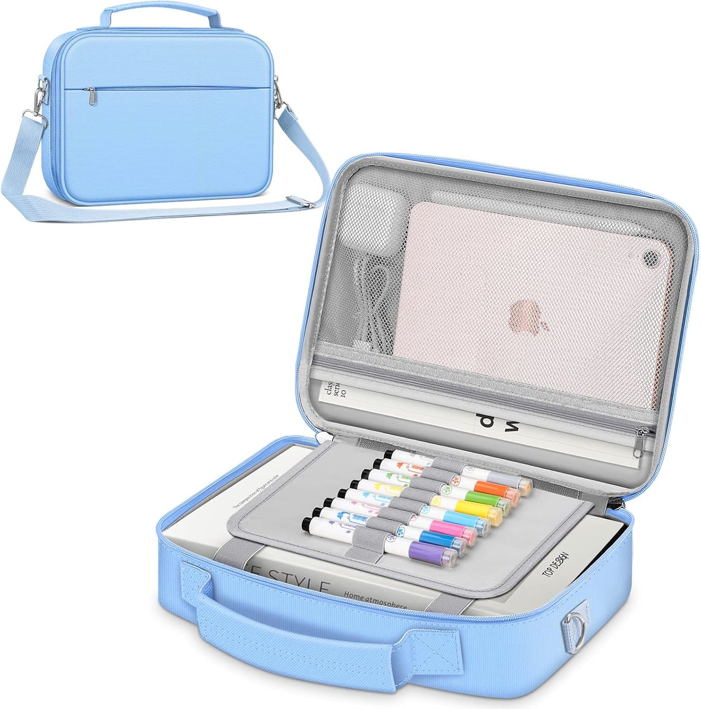 Funda grande con correa para el hombro, estuche para libros, con ranuras para bolígrafos y bolsillo con cremallera -  color azul pastel