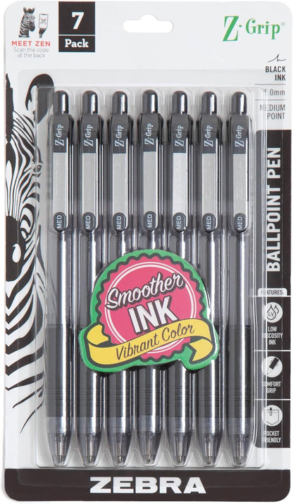 Zebra Pen Z-Grip 22271 - Bolígrafo retráctil de punta media, 3/64 pulgadas, tinta negra, 7 unidades