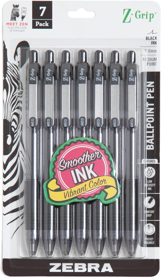 Zebra Pen Z-Grip 22271 - Bolígrafo retráctil de punta media, 3/64 pulgadas, tinta negra, 7 unidades