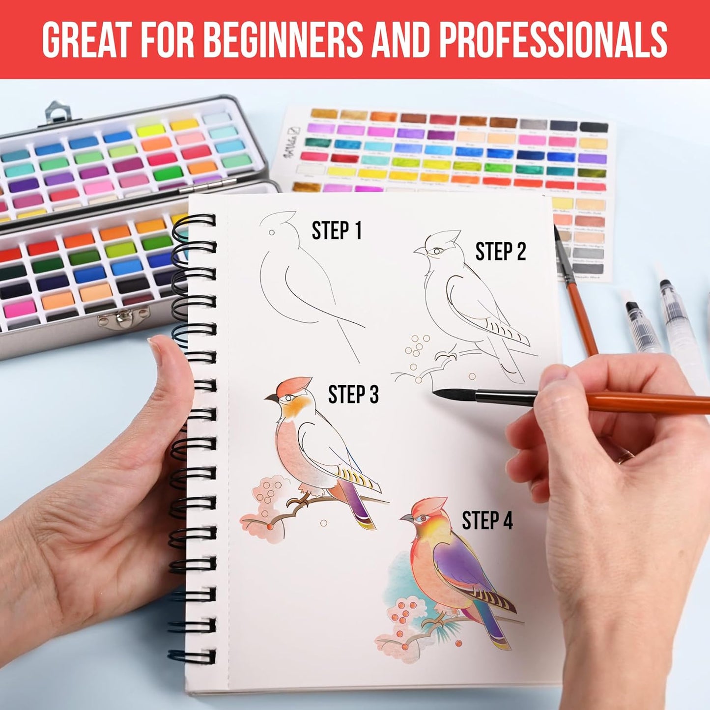 Juego de pintura de acuarela con 100 colores brillantes: para adultos principiantes y profesionales con metálico, paleta de arte de acuarela de tamaño de viaje KEEPLIVINGFASTER