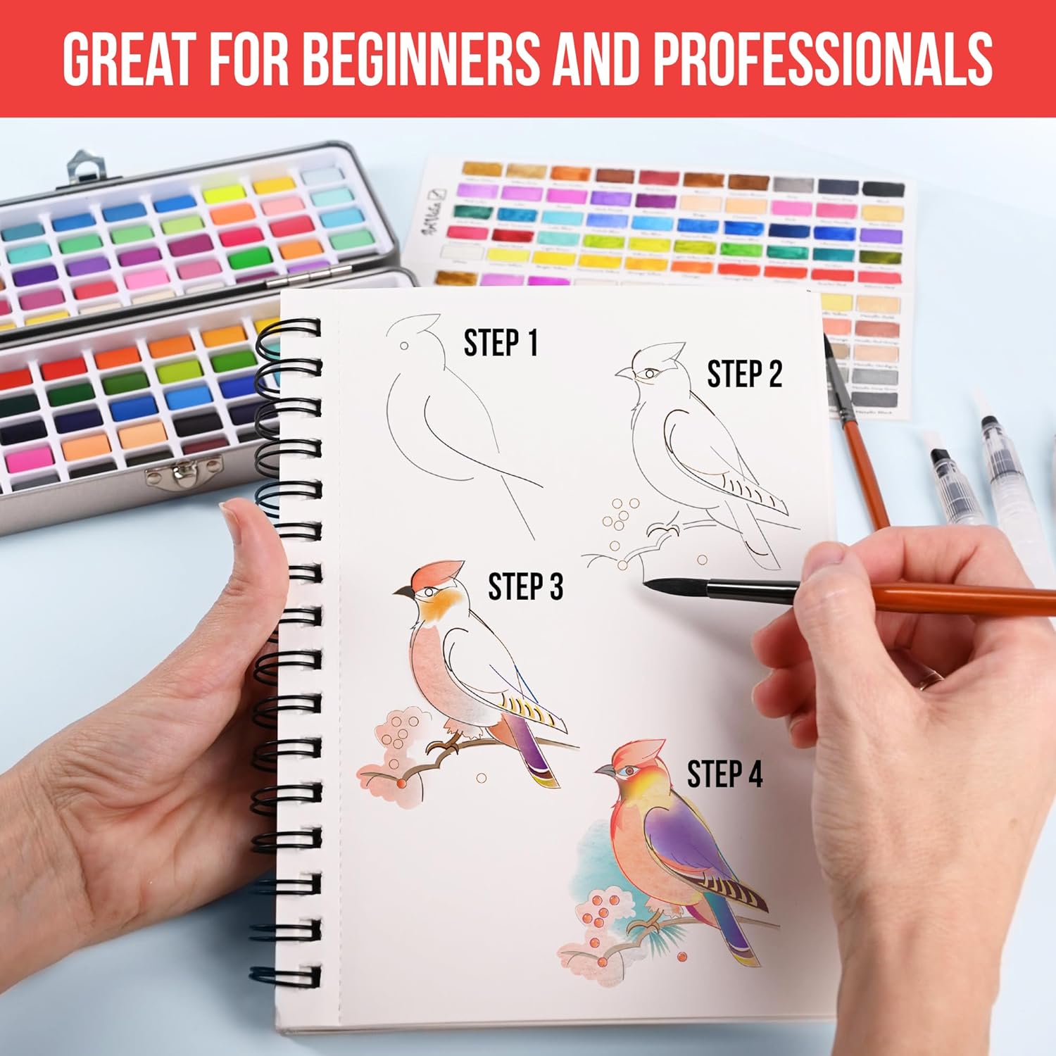 Juego de pintura de acuarela con 100 colores brillantes: para adultos principiantes y profesionales con metálico, paleta de arte de acuarela de tamaño de viaje KEEPLIVINGFASTER