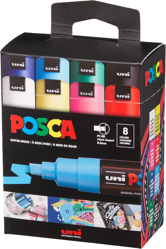 Posca Marcadores de pintura, puntas de cincel anchas de 8 K, juego de 8, bolígrafos de arte acrílico para colorear tela, lienzo, vidrio o metal, PC-8K
