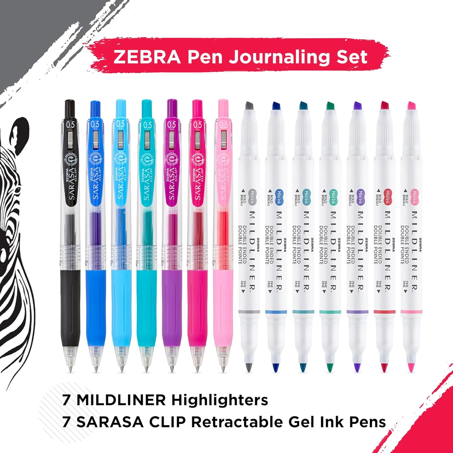 Zebra Pen Juego de diario, incluye 7 resaltadores Mildliner y 7 bolígrafos de tinta de gel retráctiles con clip Sarasa, colores surtidos, paquete de 14 unidades KEEPLIVINGFASTER