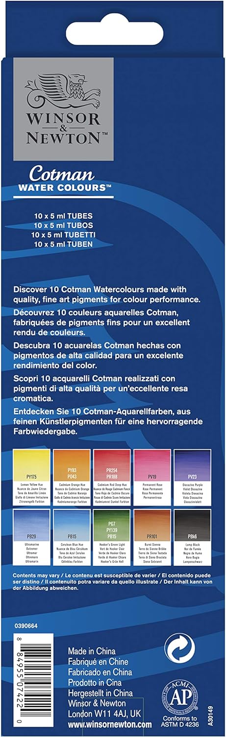 Winsor & Newton Cotman - Juego de pintura de acuarela, 10 colores, tubos de 0.17 onzas líquidas Winsor & Newton
