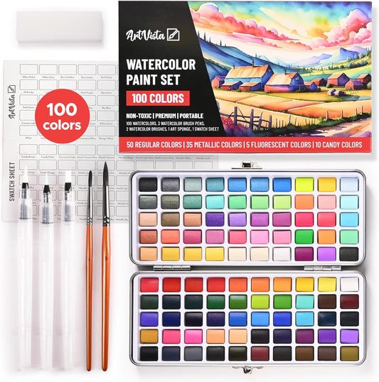 Juego de pintura de acuarela con 100 colores brillantes: para adultos principiantes y profesionales con metálico, paleta de arte de acuarela de tamaño de viaje KEEPLIVINGFASTER