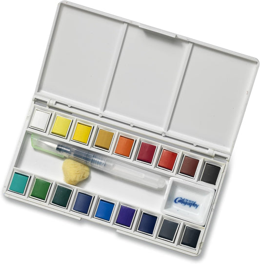 Juego de bolsillo de viaje de 18 acuarelas surtidas, cepillo para agua recargable de calidad con esponja, colores fáciles de mezclar, paleta integrada