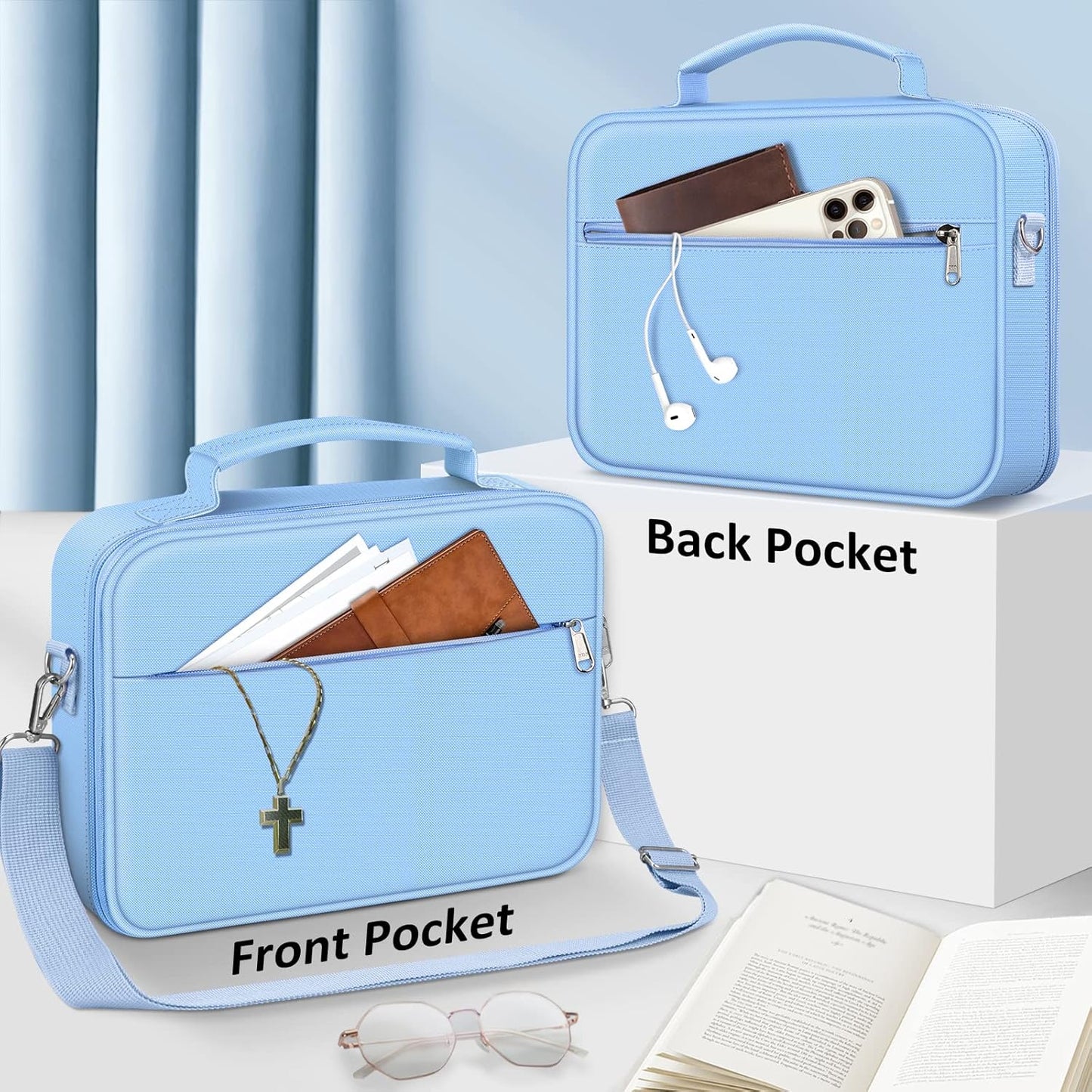 Funda grande con correa para el hombro, estuche para libros, con ranuras para bolígrafos y bolsillo con cremallera -  color azul pastel