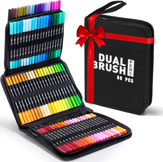 Rotuladores de doble pincel, juego de 80 marcadores artísticos de colores
