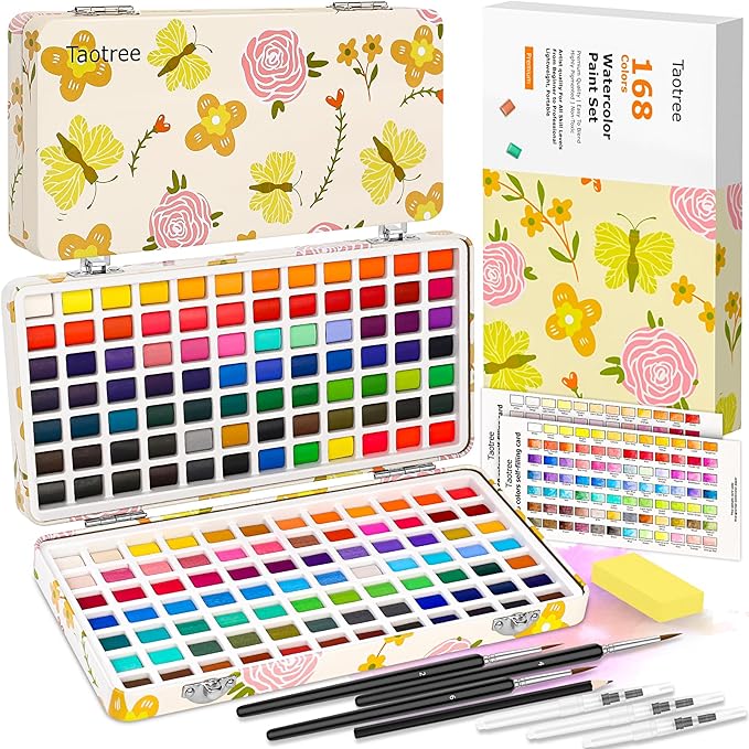 Juego de pintura de acuarela de 168 colores, suministros de arte, kit de acuarelas de viaje con 3 pinceles de pintura, suministros de pintura para manualidades, dibujo para adultos, dibujo de artista, pintura