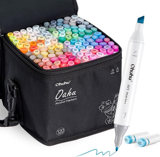 Marcadores artísticos de alcohol Ohuhu, juego de doble punta con 120 colores para niños y adultos, marcadores de bocetos a base de alcohol con punta fina y de cincel, incluye 1 mezclador,