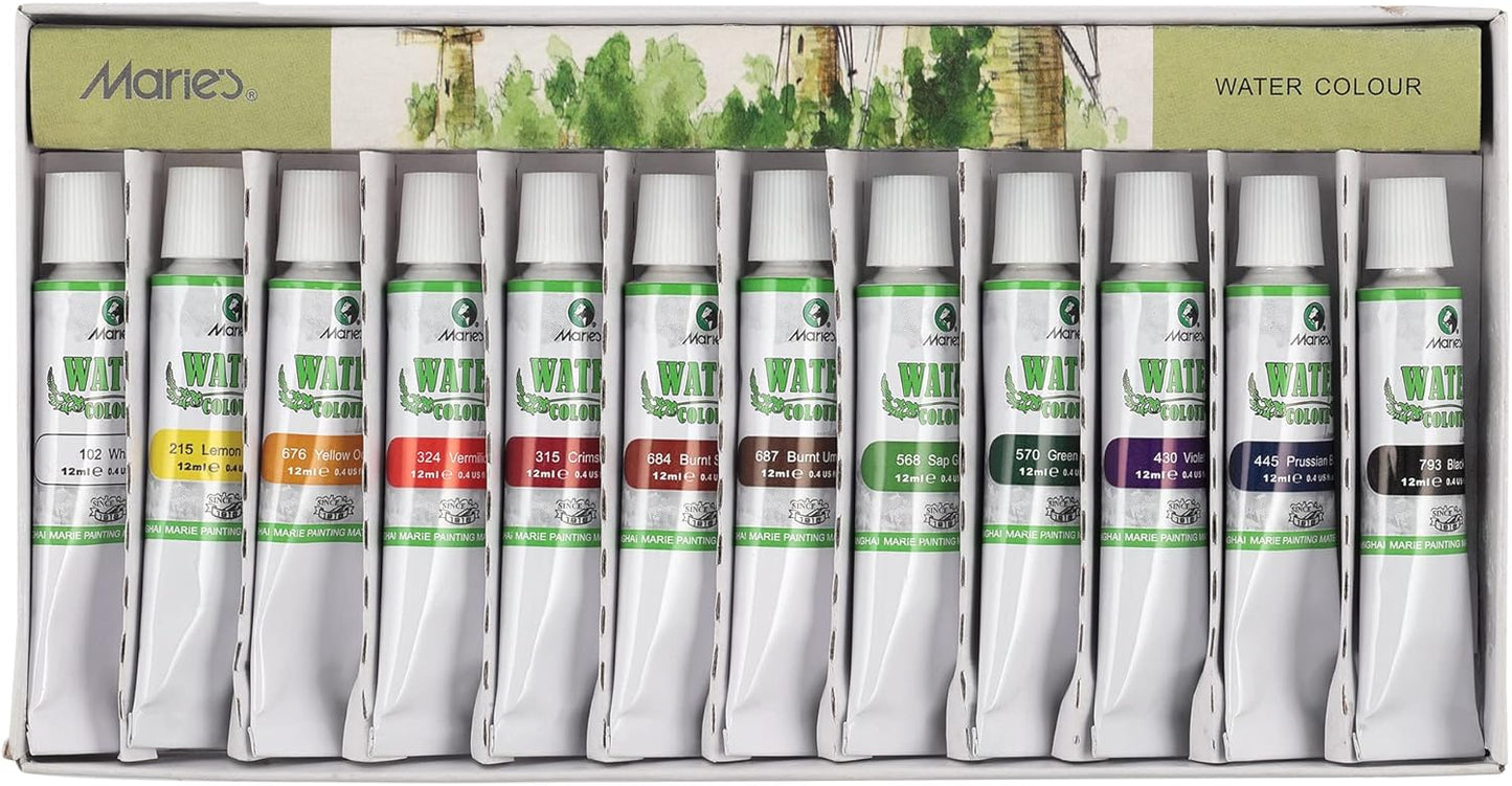 Marie's Juego de 12 pinturas de acuarela extrafinas para artistas, alto pigmento y concentración, 0.4 onzas líquidas, para artistas, estudiantes, profesores, profesionales y más