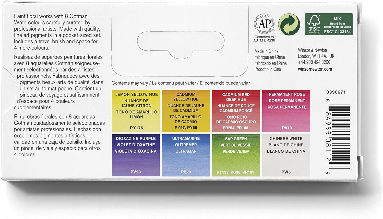 Winsor & Newton - Cotman - Juego de acuarelas, 8 medias pastillas florales Winsor & Newton