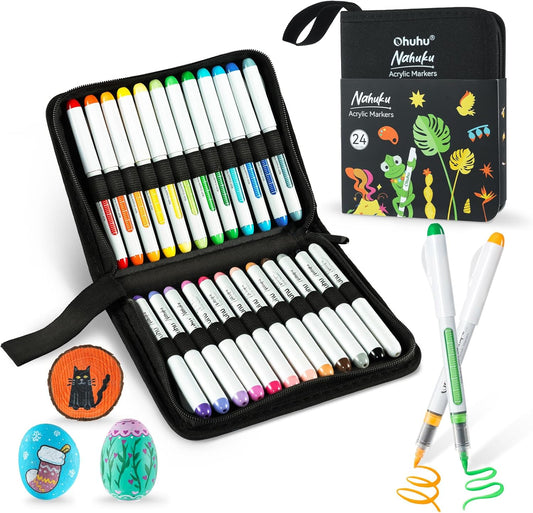 Ohuhu Bolígrafos de pintura acrílica, 24 colores: puntas de pincel de 0.059 in, marcadores acrílicos, marcadores de pintura de alta opacidad, impermeables, resistentes a la luz para pintura de rocas