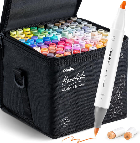 Ohuhu Marcadores de alcohol, punta de pincel, juego de marcadores artísticos a base de alcohol de doble punta de 104 colores para artistas y adultos, ilustración para colorear, marcadores Honolulu