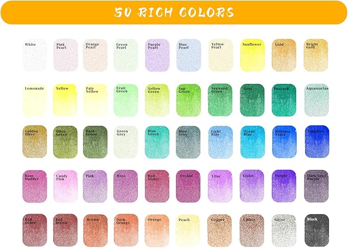 Pinturas de acuarela metálicas, juego de 50 pinturas de acuarela con purpurina, pintura de colores de agua para adultos con anillo inferior para una fácil sujeción, ideal para aficionados