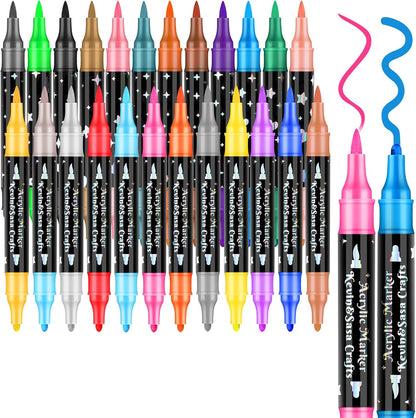 Juego de rotuladores de pintura acrílica de doble punta de 24 colores, puntas acrílicas multifuncionales con cuerpo de bolígrafo láser, bolígrafos de pintura acrílica profesionales para madera
